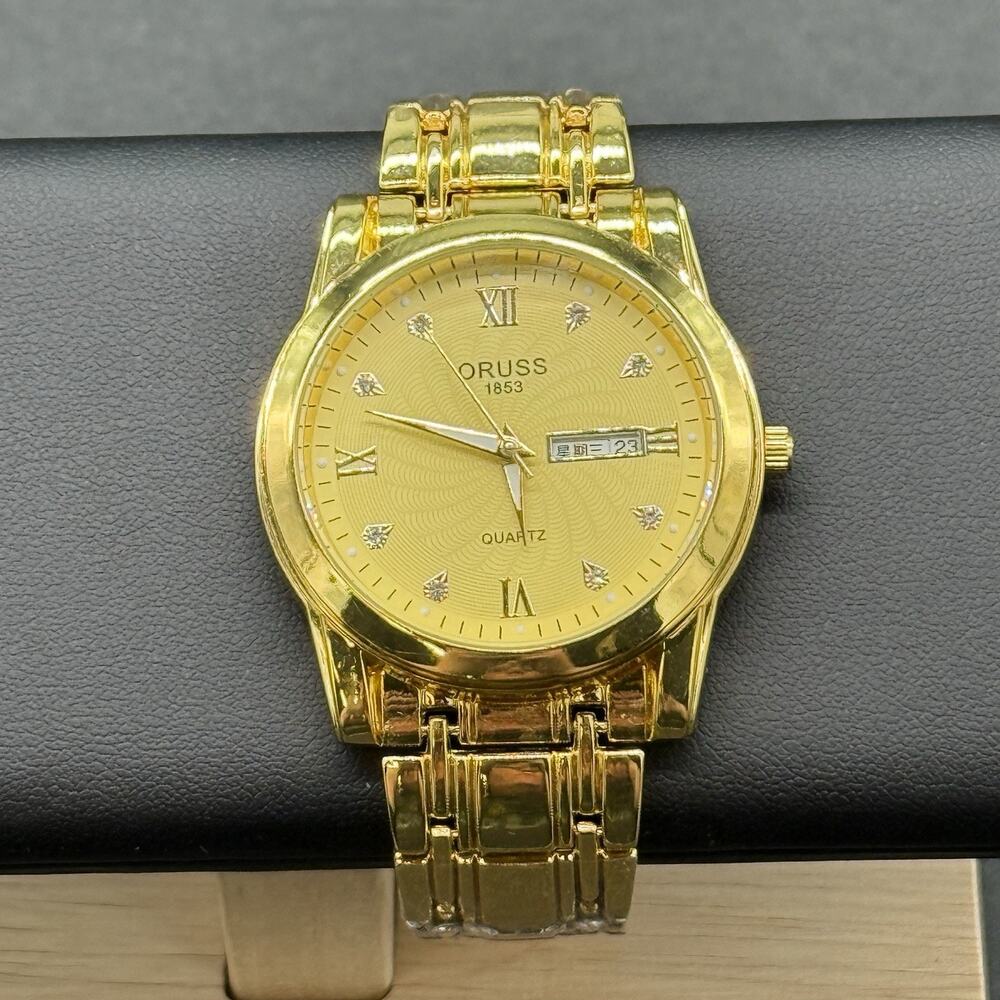 Luxury Mens Gold Toned Watch ORUSS 1853 Quartz Wristwatch Classic Day Date New